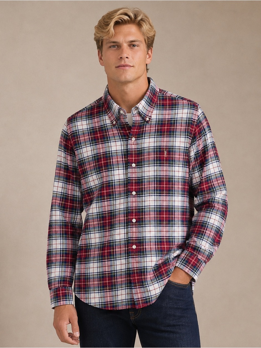 Ralph Lauren Blue Label Classic Fit Button Shirt Red Plaid Pony Chest Size L